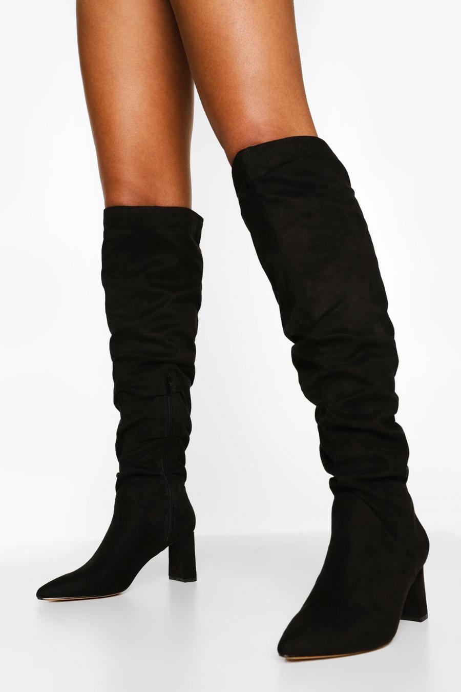 Black Slouched Block Heel Over The Knee Boots image number 1
