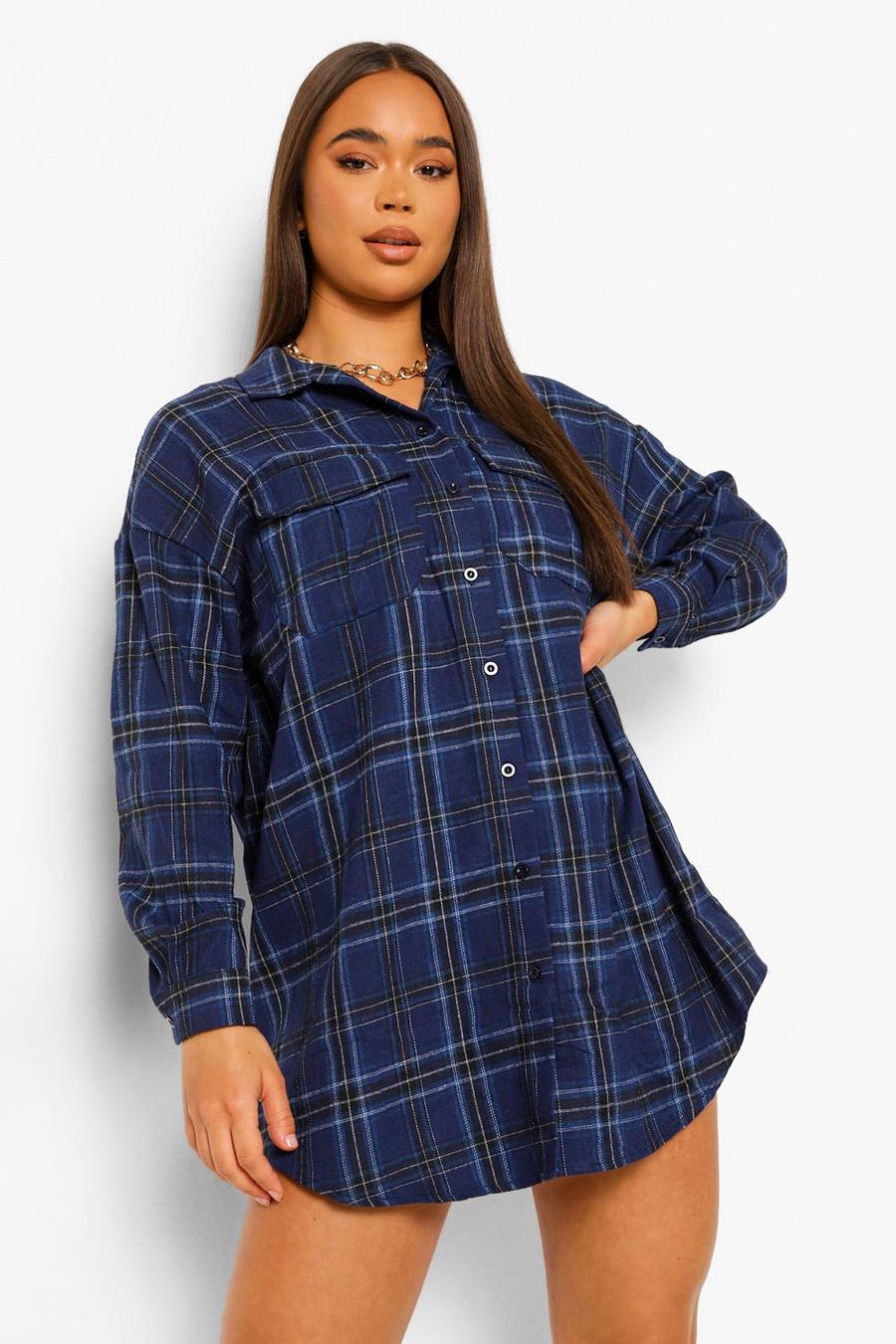 Navy Flannel Open Back Oversized Shirt Dress image number 1