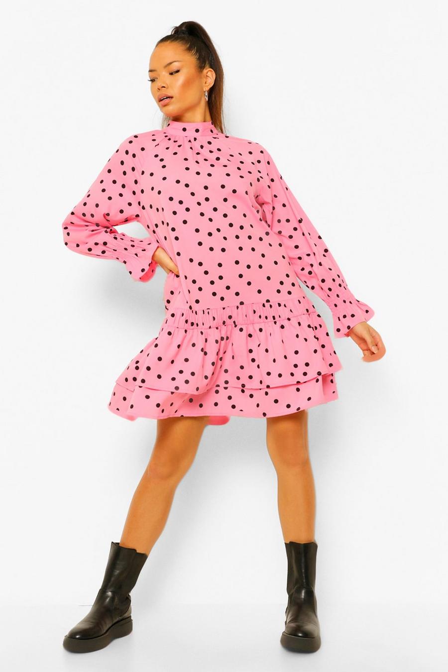 Pink Woven Polka Dot Tie Neck Double Frill Smock Dress image number 1