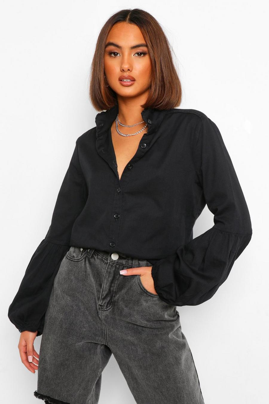 Washed black Puff Sleeve Button Down Denim Shirt image number 1