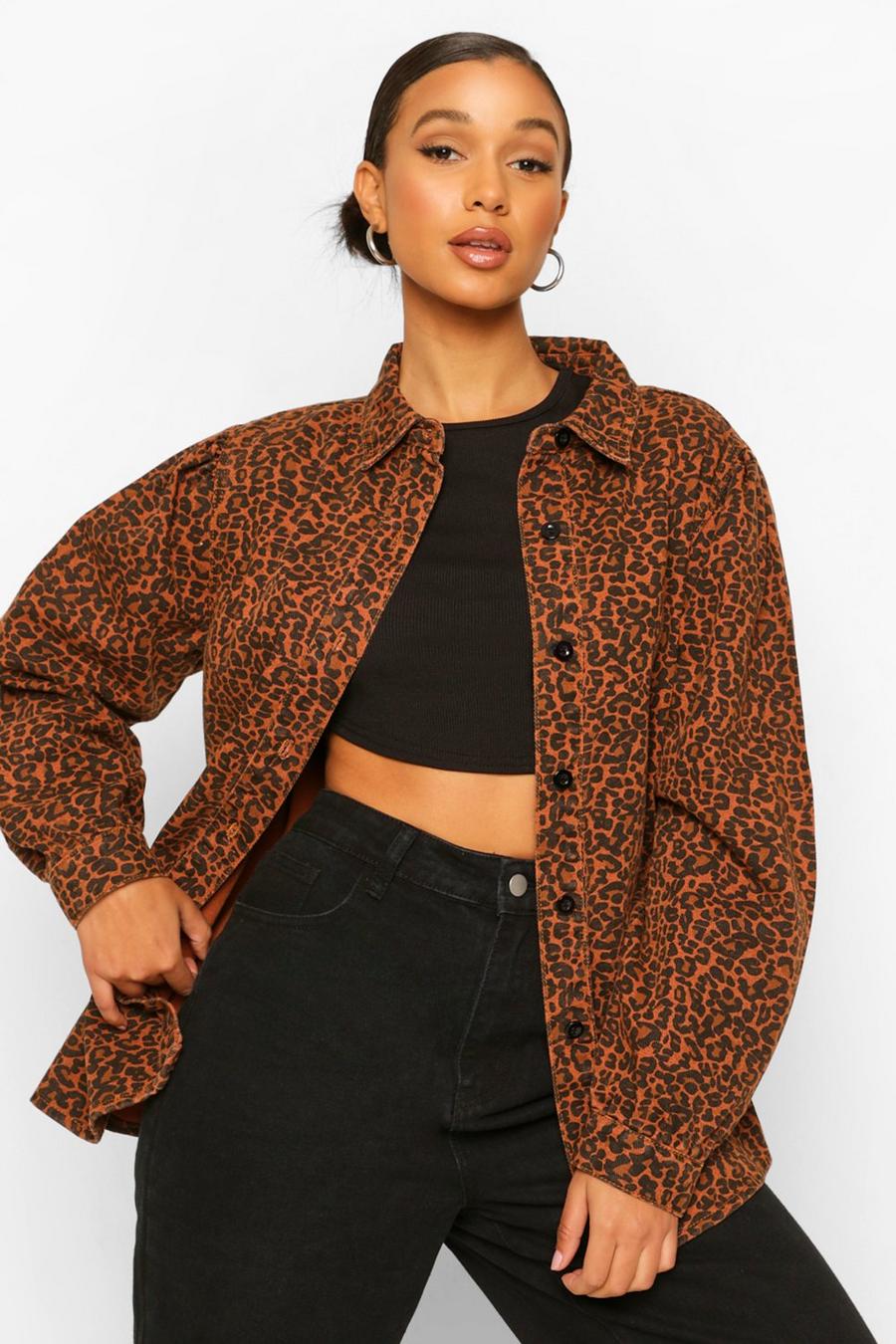 Camicia in denim leopardata con maniche a palloncino, Marrone chiaro image number 1