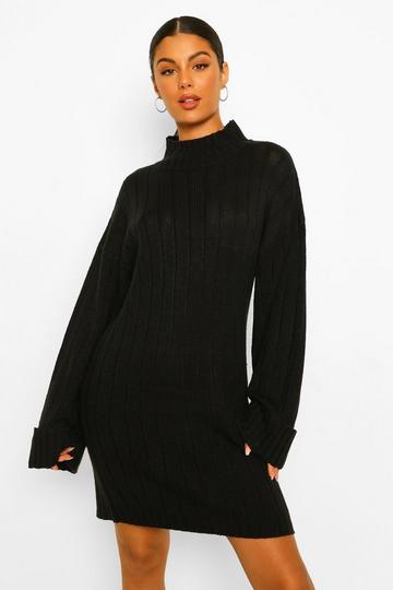 Black Maxi Wide Sleeve Wide Rib Jumper Dress