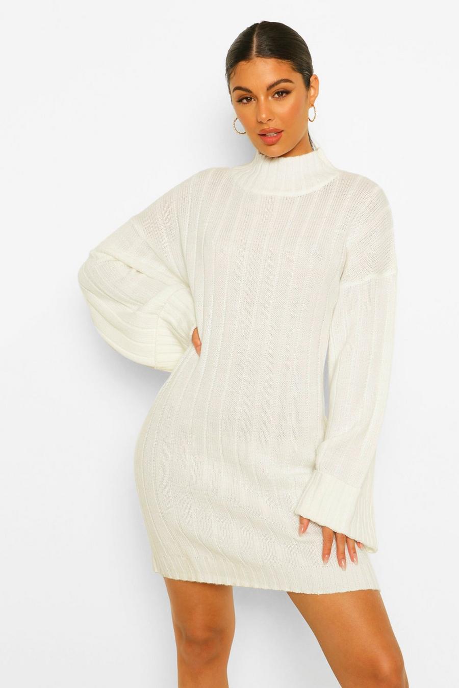 קרם שמלת סוודר מקסי עם שרוולים רחבים וסריגת ריב רחבה image number 1