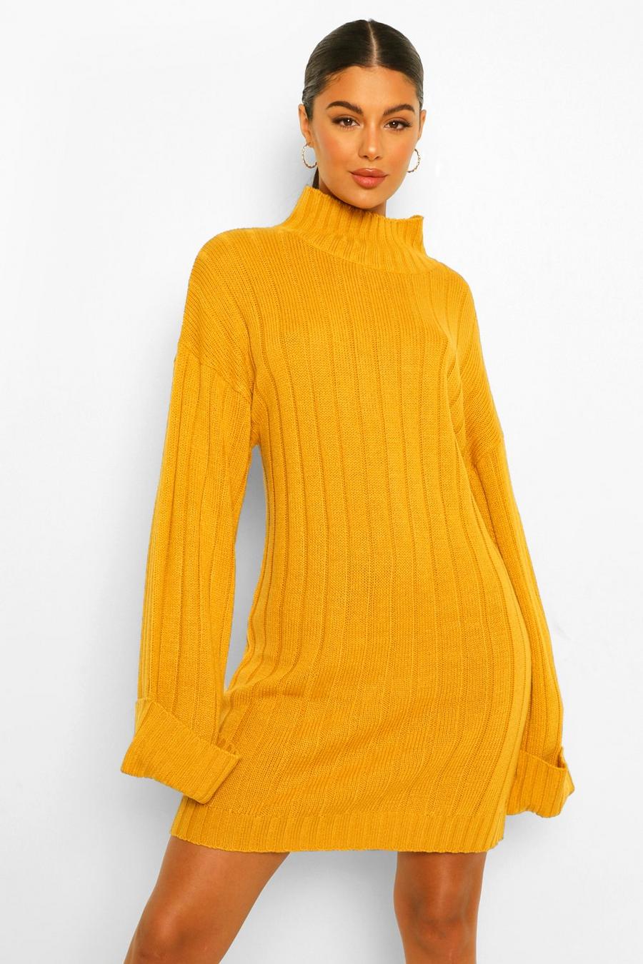 Mustard yellow Maxi Wide Sleeve Wide Rib Sweater Dress