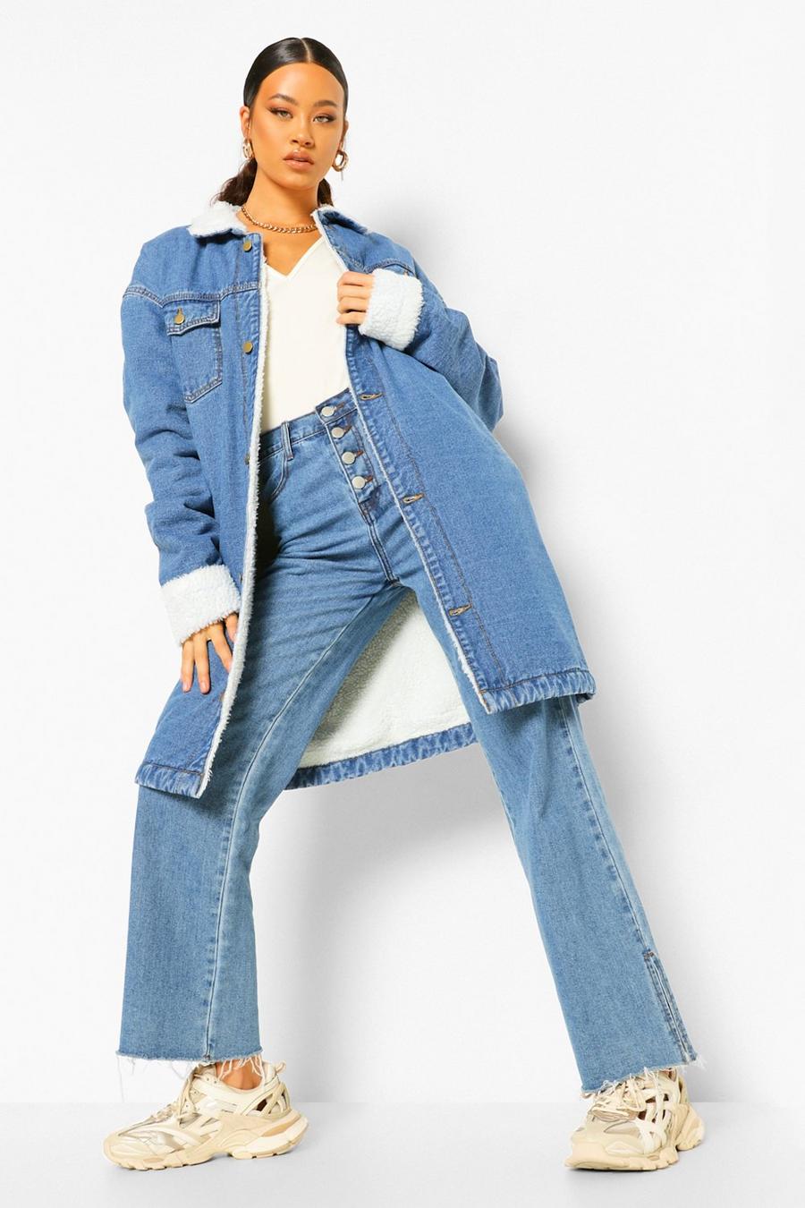 כחול ביניים ז'קט מבד ג'ינס בגזרה ארוכה עם בטנה דמוית צמר image number 1