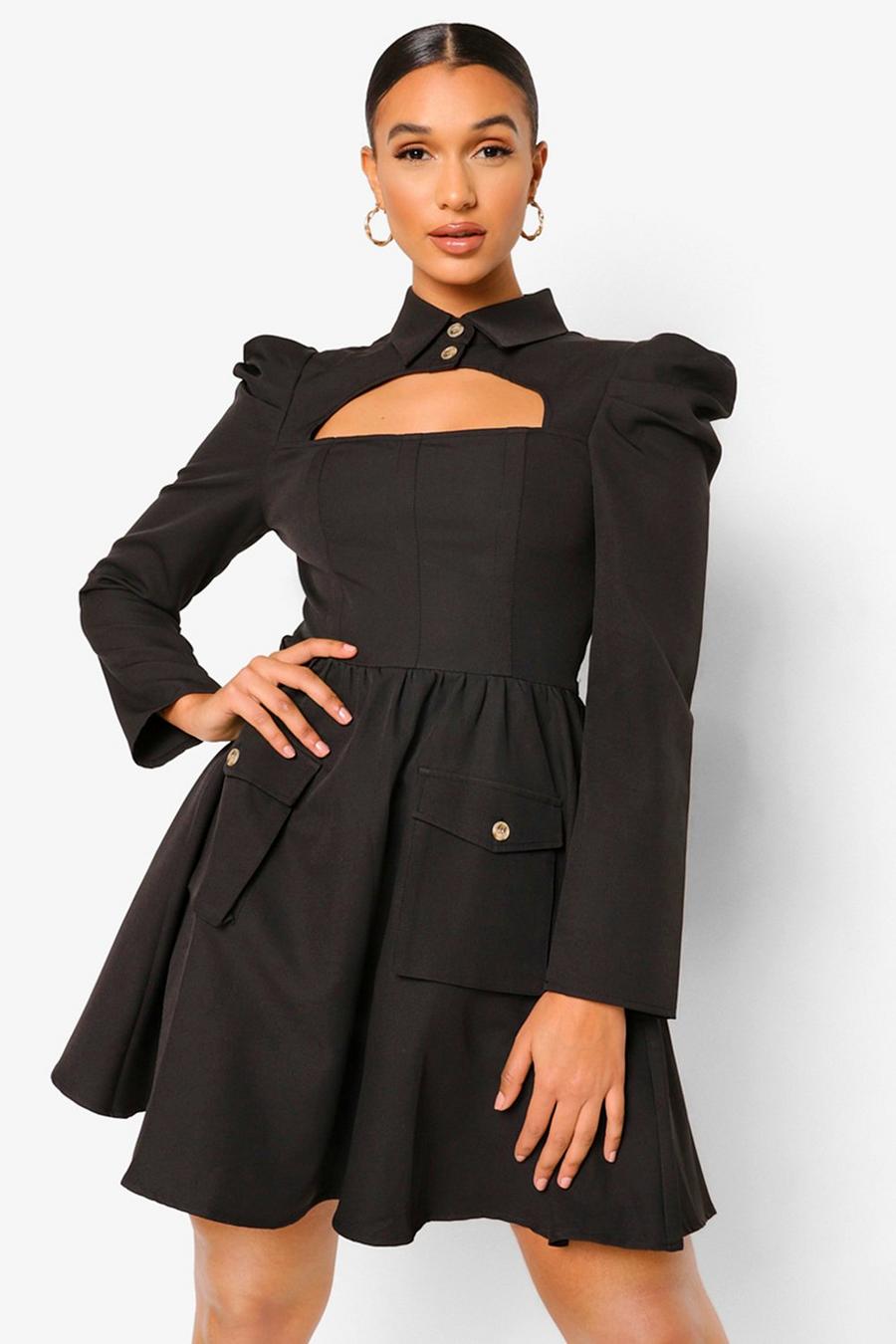 שחור שמלת סקייטר עם צווארון גבוה פתח ושרוולים תפוחים image number 1