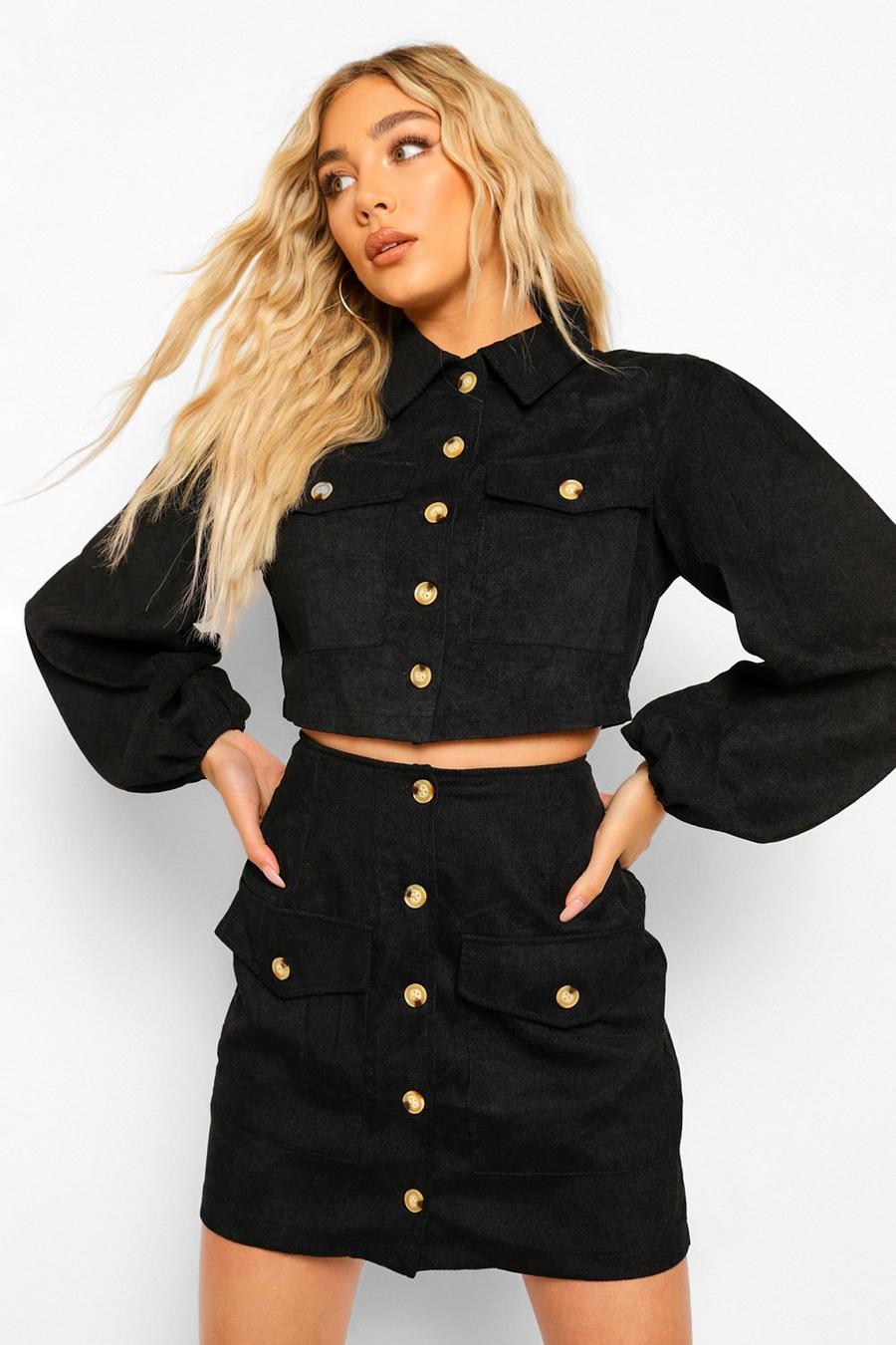 Black Volume Sleeve Cord Crop Jacket And Skirt Co Ord image number 1