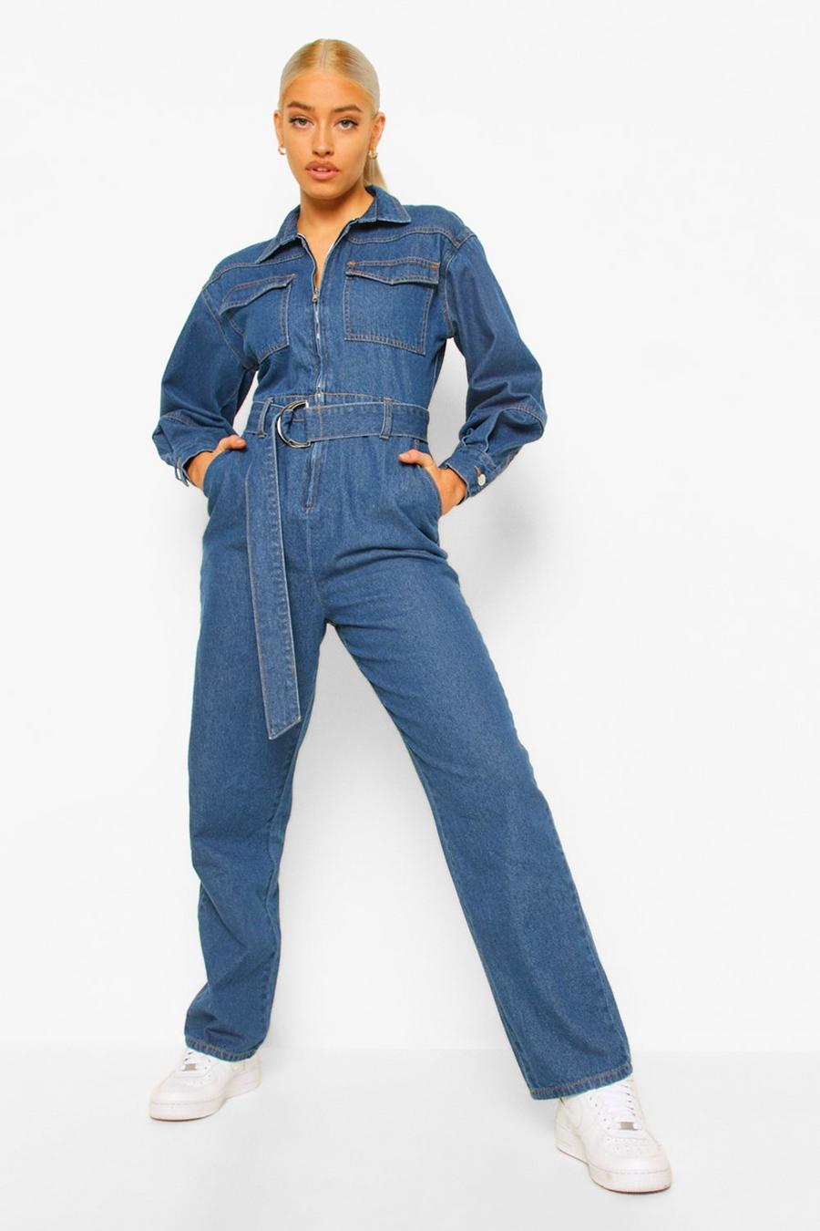 כחול ביניים אוברול מבד ג'ינס עם שרוולי בלון וחגורה image number 1