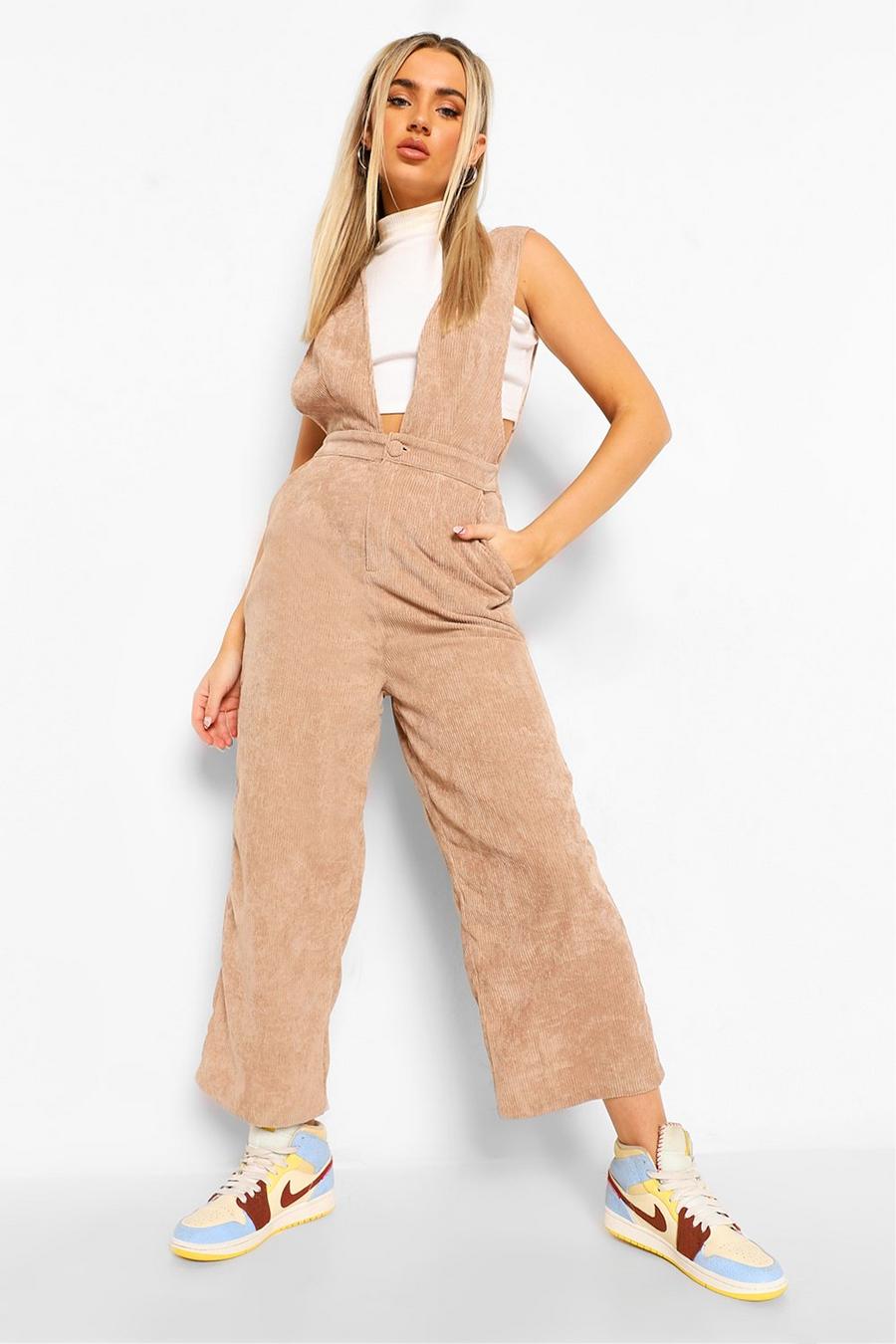 Taupe Cord Plunge Front Jumpsuit image number 1