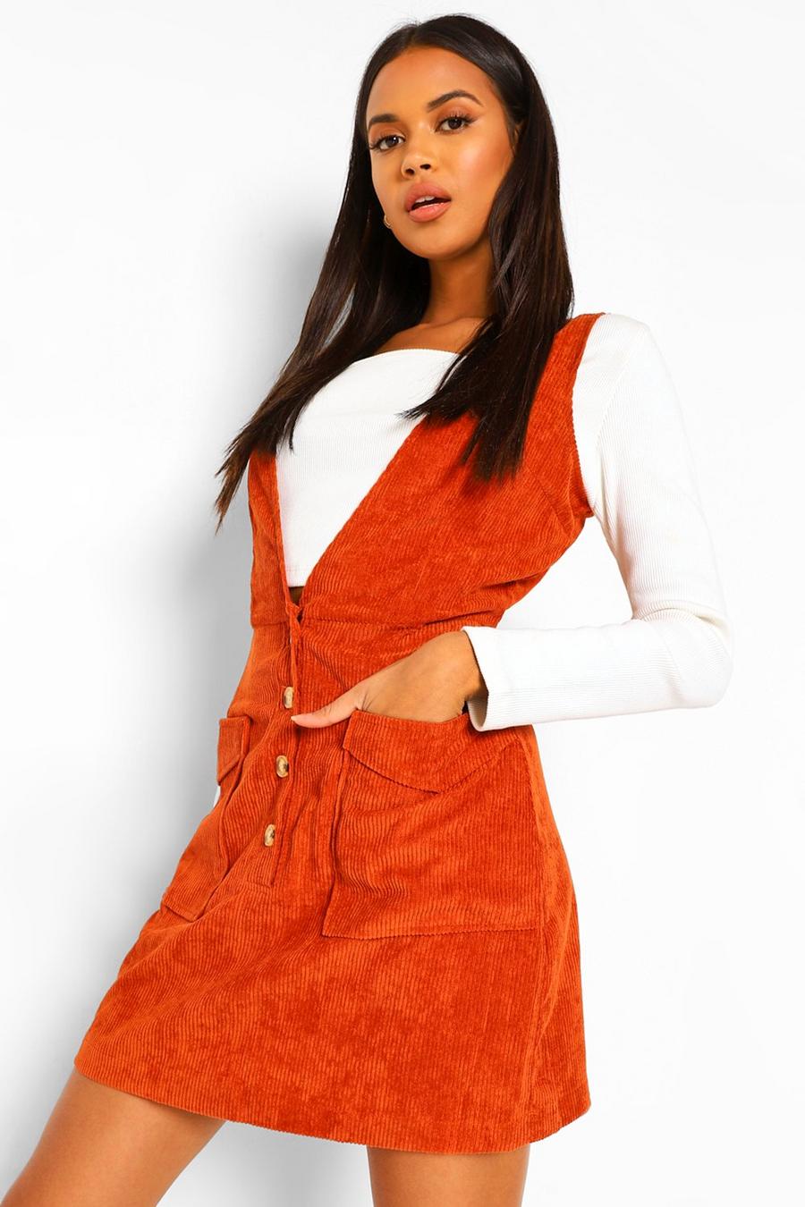 Rust Cord Plunge Front Mini Dress image number 1