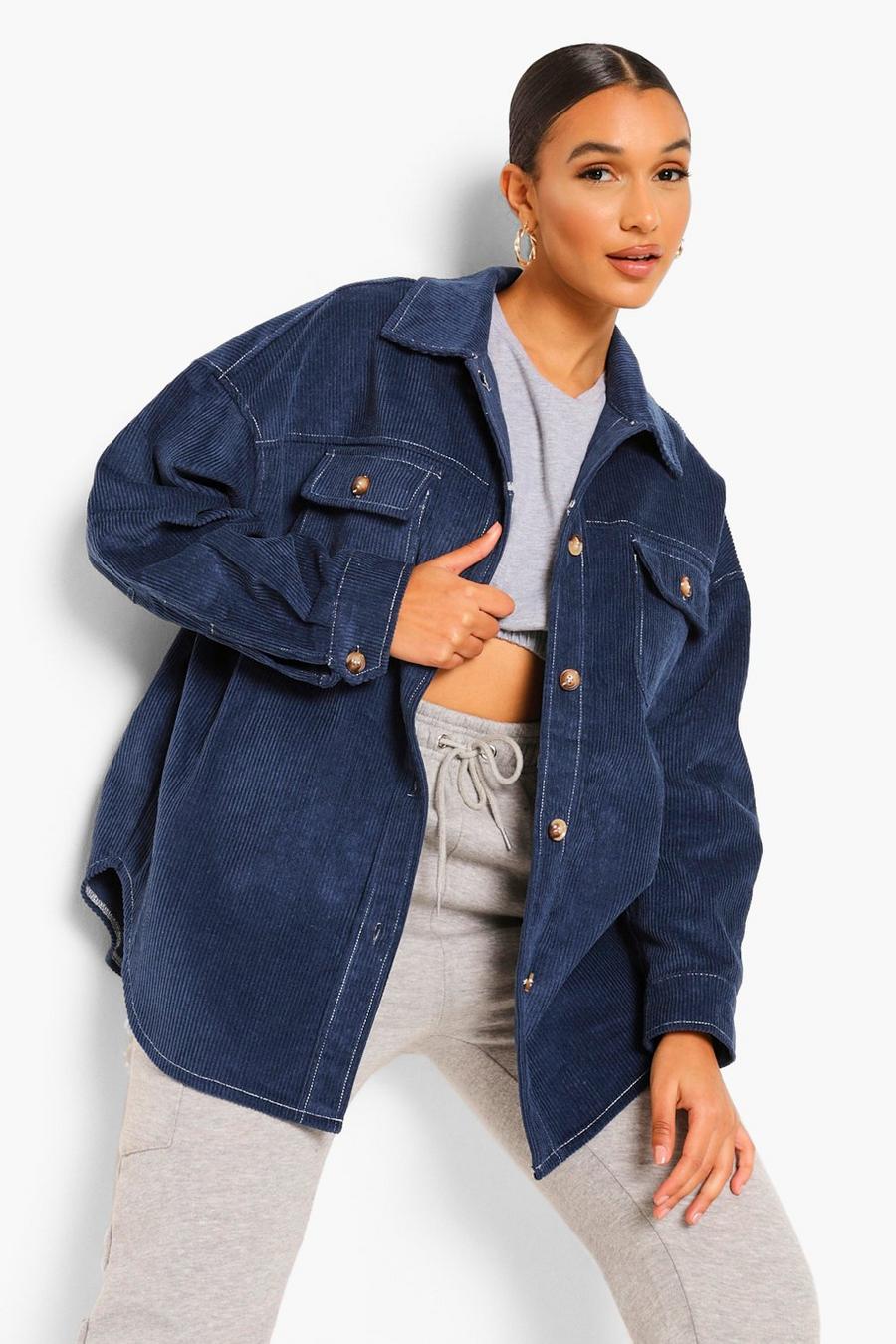 Blue Oversized Contrast Stitch 90's Cord Shirt image number 1