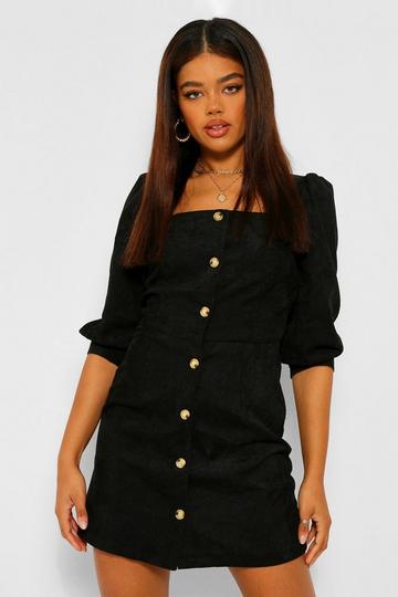 Black Cord Puff Sleeve Denim Dress