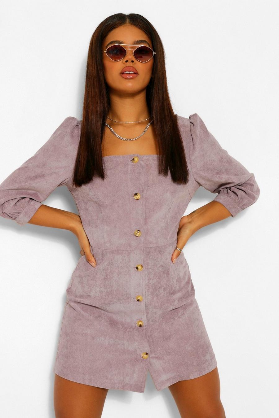 Taupe Cord Puff Sleeve Denim Dress image number 1