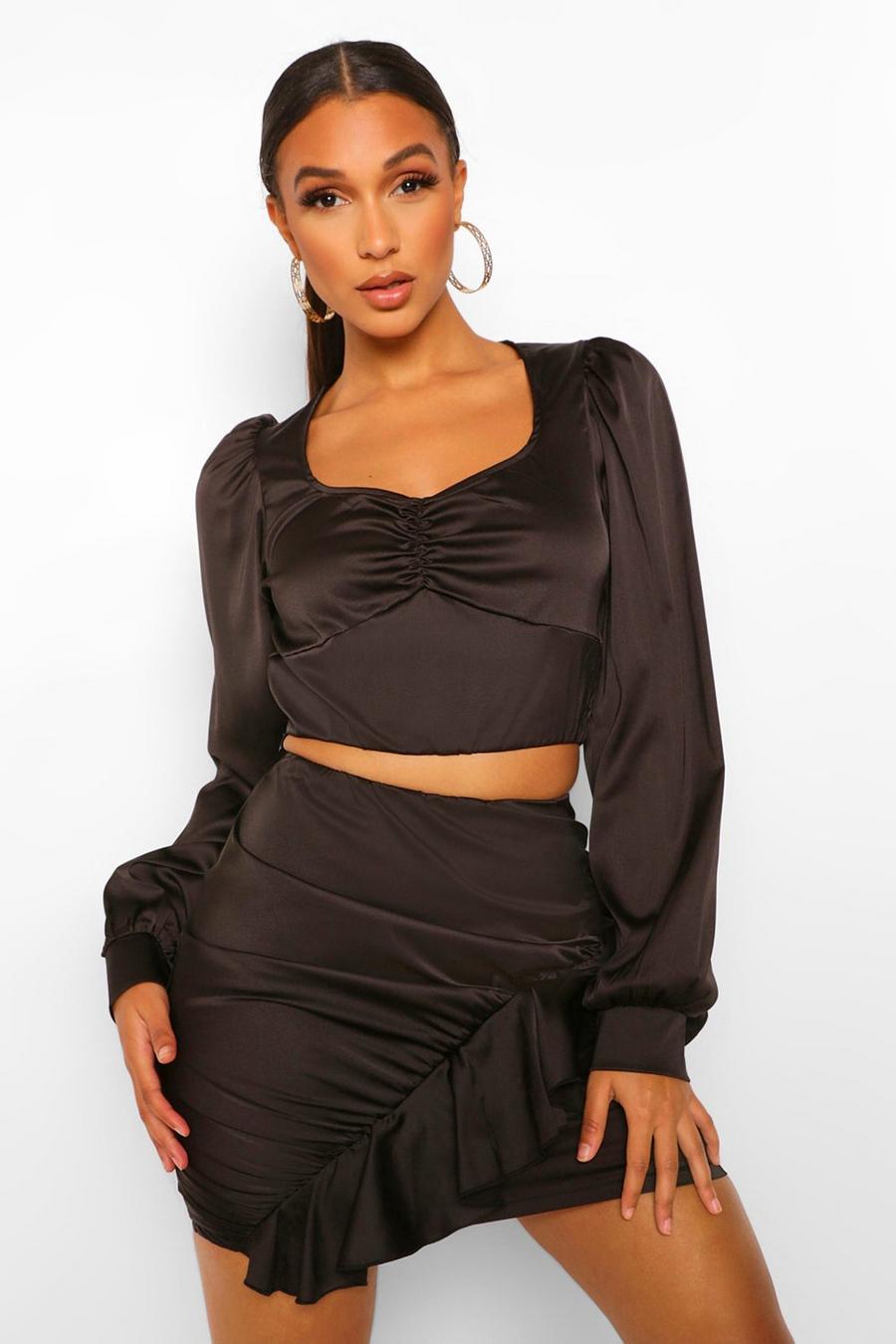 Black Satin Ruche Front Top and Frill Mini Skirt Co-ord image number 1