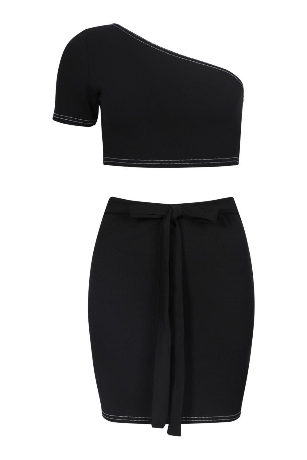 Contrast Stitch Crop Top and Belt Mini Skirt Co ord boohoo DK