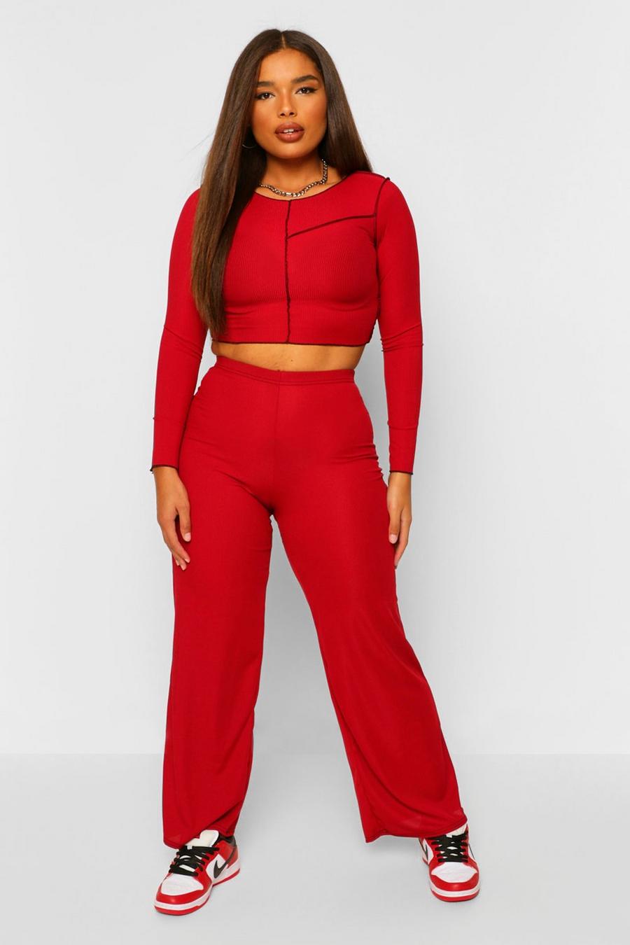 Berry Contrast Stitch Lettuce Hem Top and Trouser Co-ord image number 1