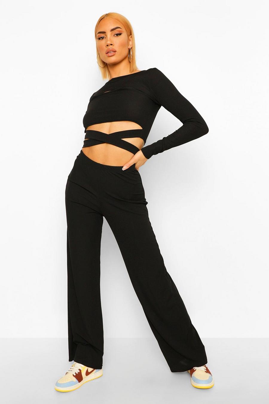 Black Rib Cut Outtop And Wide Leg Pants Co-Ord image number 1