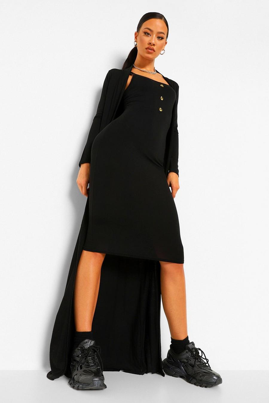 Black Button Detail Midi Dress and Duster Co-ord image number 1