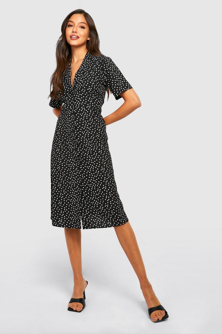 Black Polka Dot Shirt Style Midi Dress image number 1