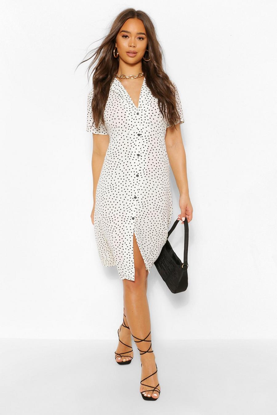 White Polka Dot Shirt Style Midi Dress image number 1