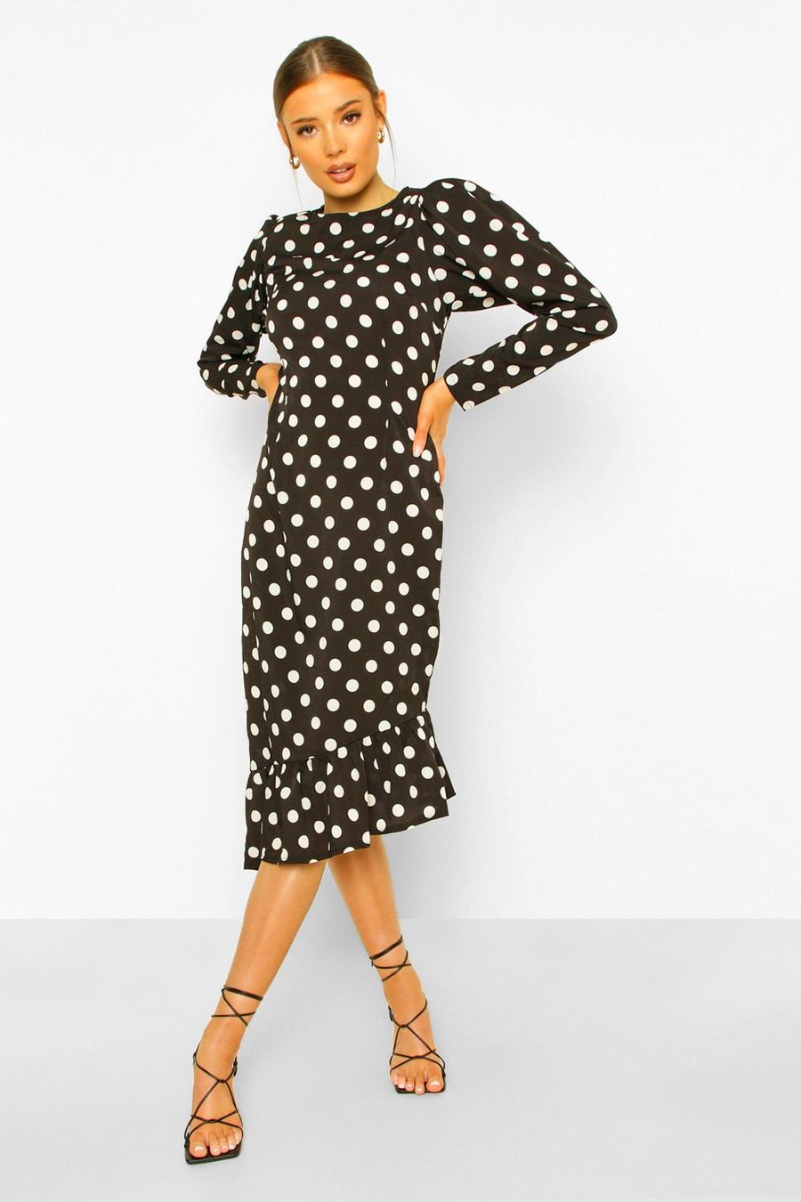 Black Polka Dot Asymetric Frill Hem Midi Dress image number 1