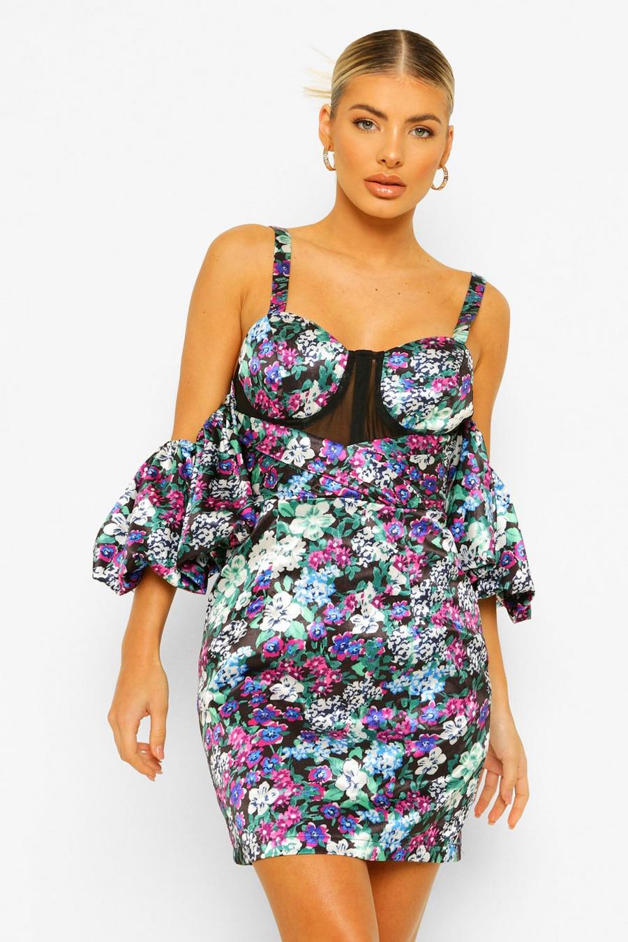 Cold-Shoulder Mini-Kleid mit Blumenmuster in Kontrastfarben, Schwarz image number 1