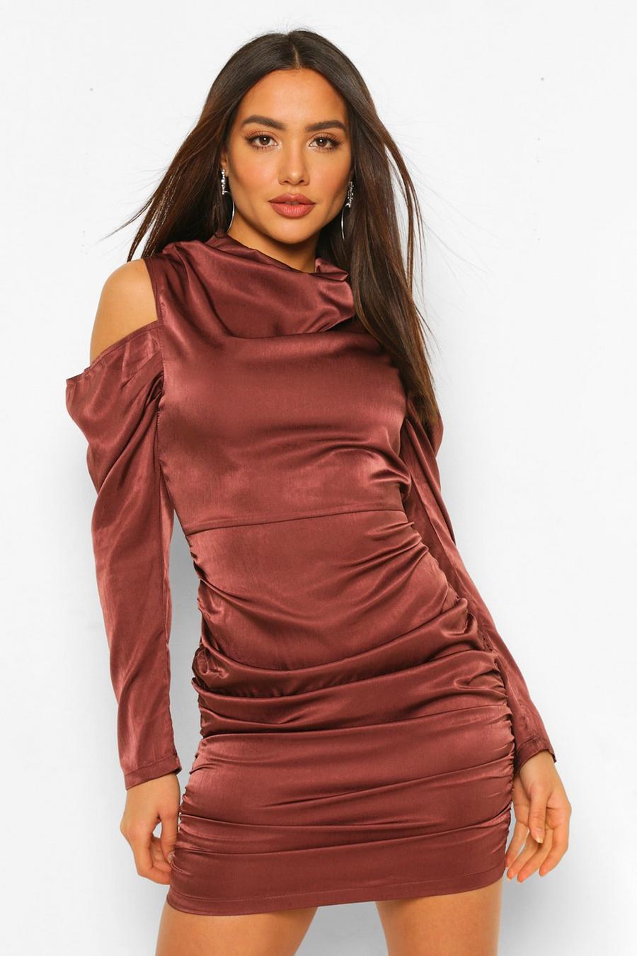 Satin Cowl Neck Ruched Mini Dress image number 1