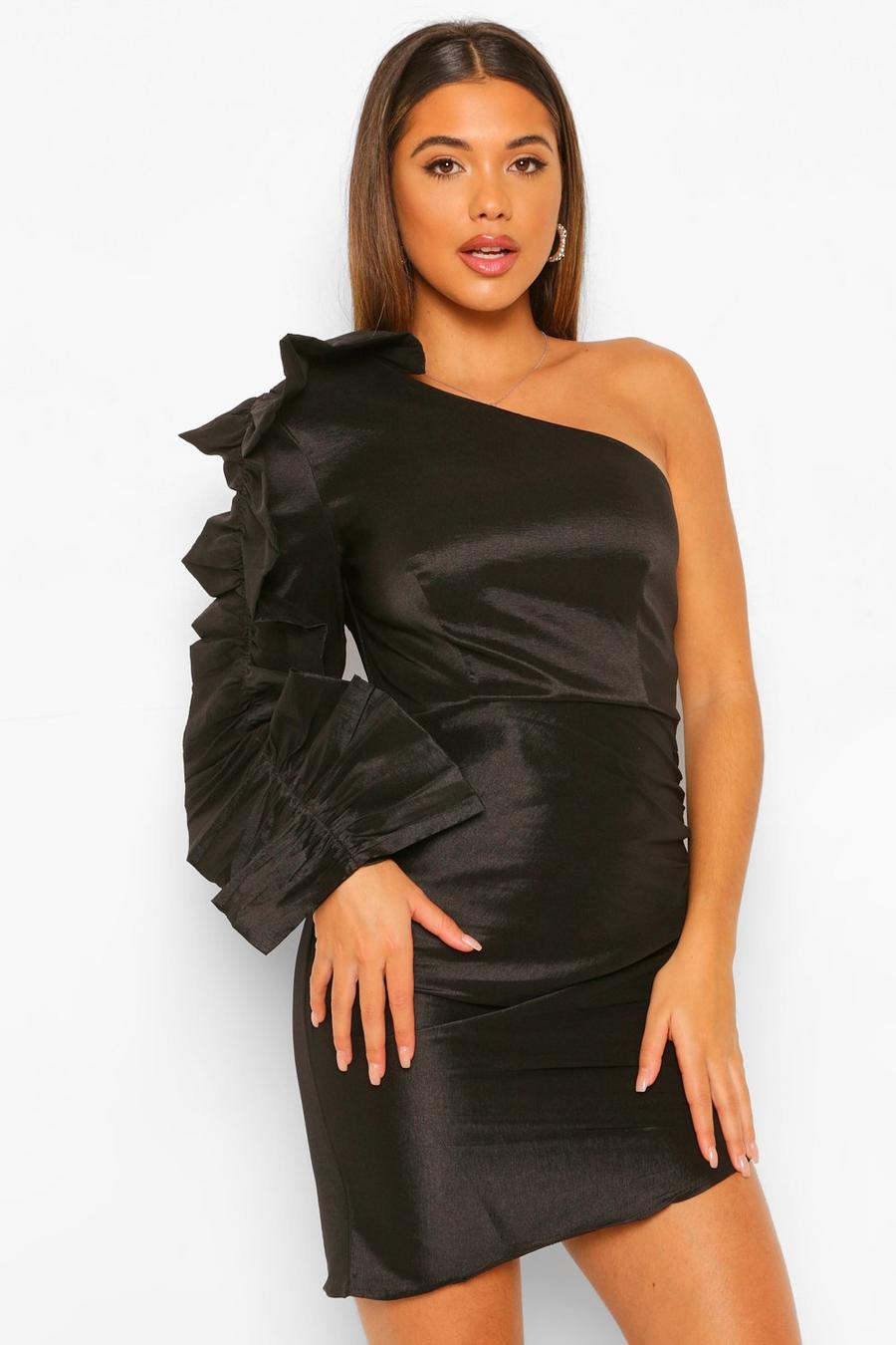 שחור שמלת מיני עם שרוול אחד ומלמלה רחבה image number 1