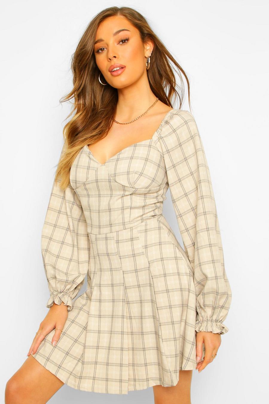 Stone Check Puff Sleeve Skater Dress image number 1