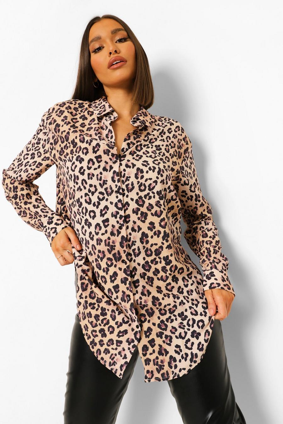 Khaki Leopard Print Oversized Shirt image number 1