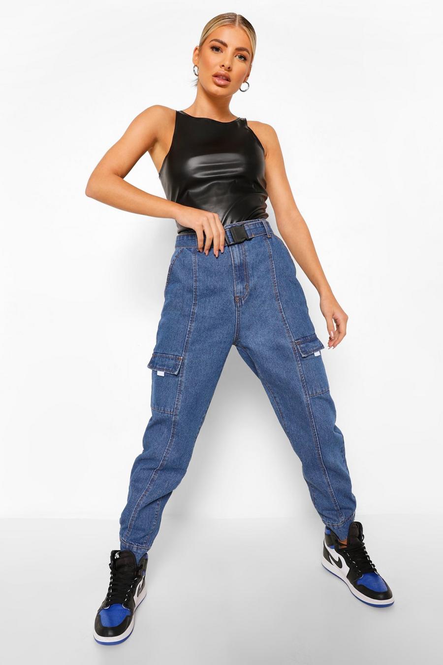 Jeans cargo con cintura e fibbia, Blu scuro image number 1
