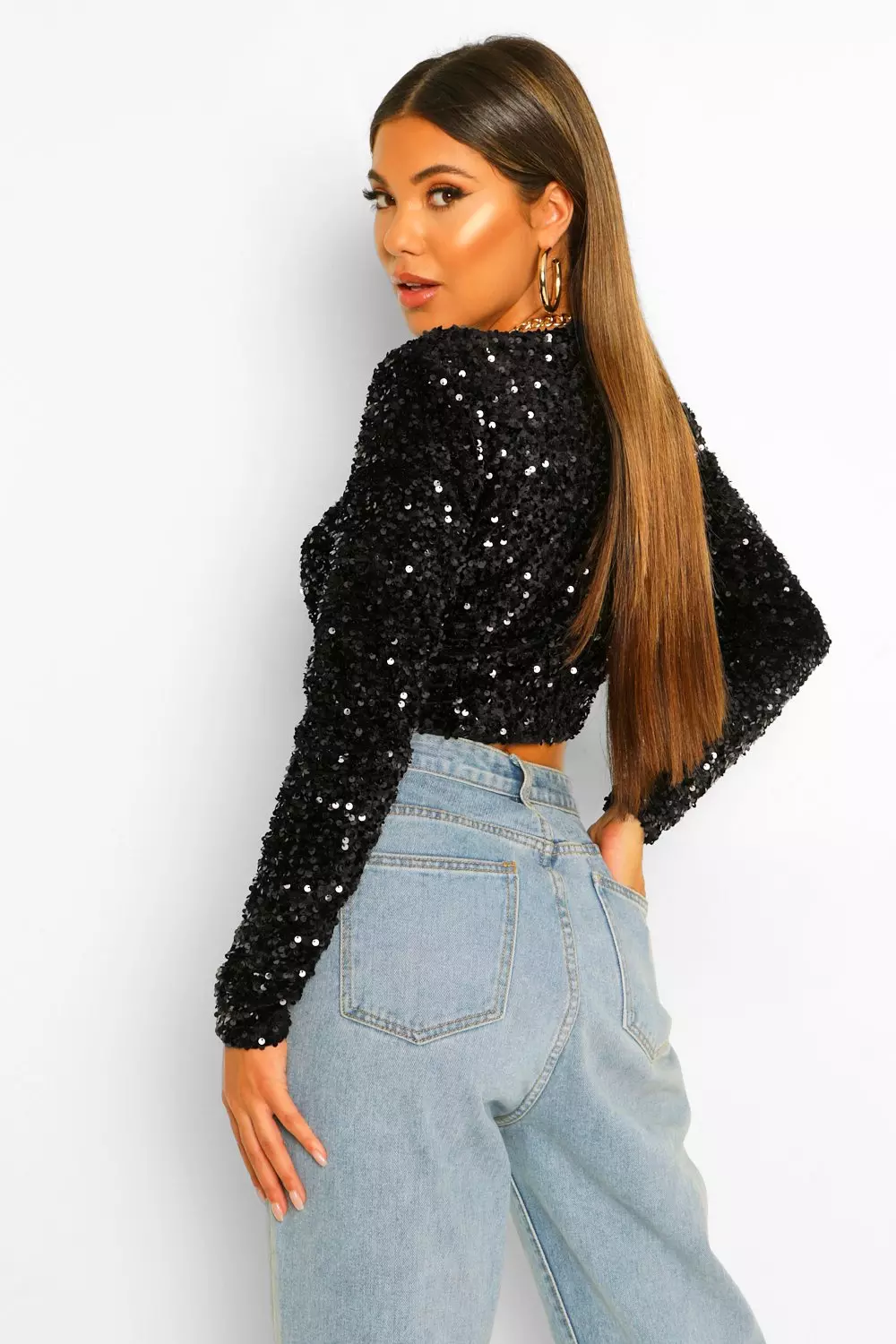 Tops, Velvet Sequin Long Sleeve Crop Top, Coast