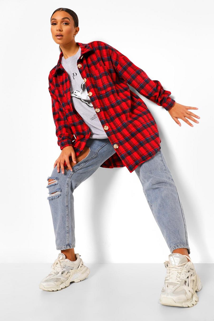 Red Brushed Checked Oversized Shirt image number 1