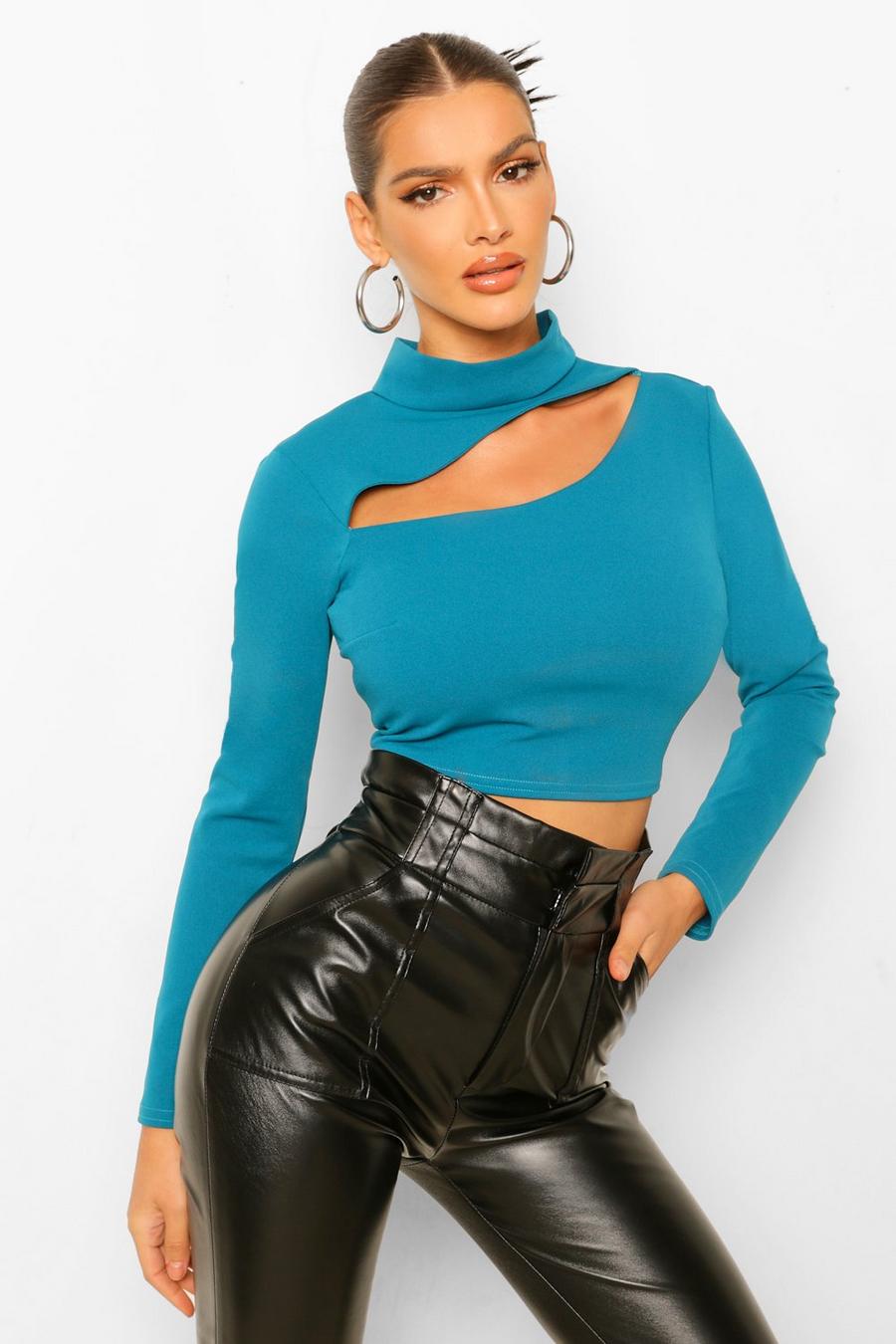 Teal Crepe High Neck Cut Out Detail Top image number 1