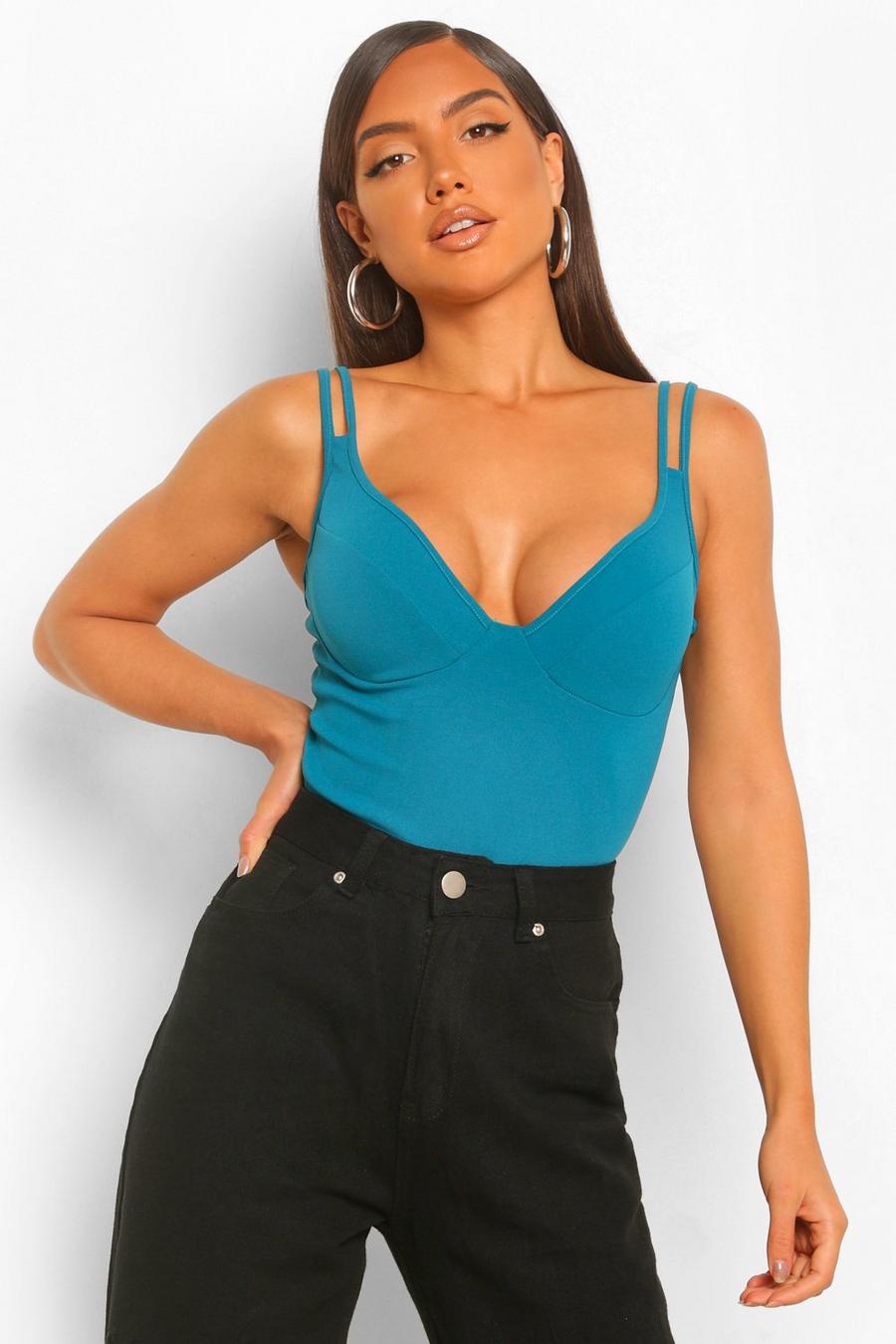 Teal Crepe Double Strap Seam Detail Bodysuit image number 1
