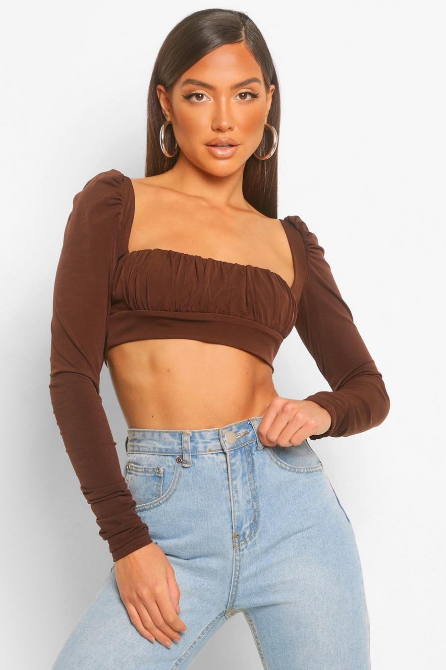 Chocolate Ruched Square Neck Long Sleeve Crop Top image number 1