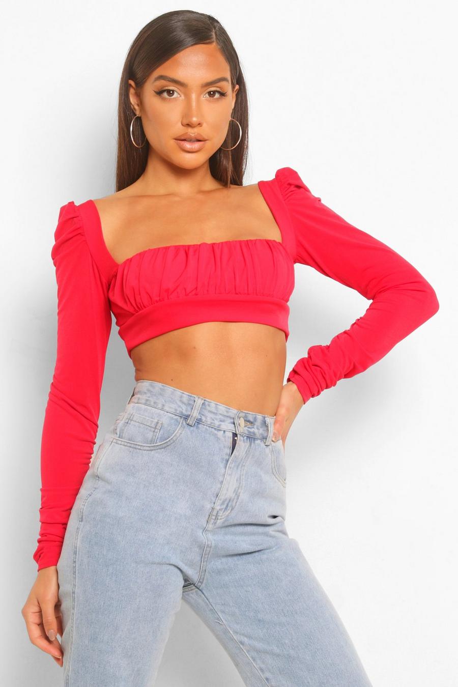 Red Ruched Square Neck Long Sleeve Crop Top image number 1