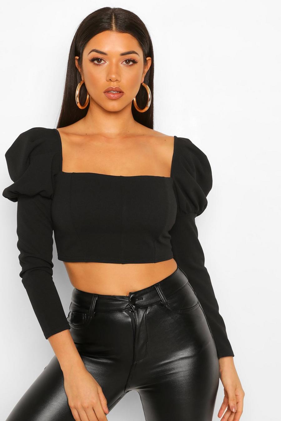 Black Crepe Square Neck Puff Sleeve Top image number 1