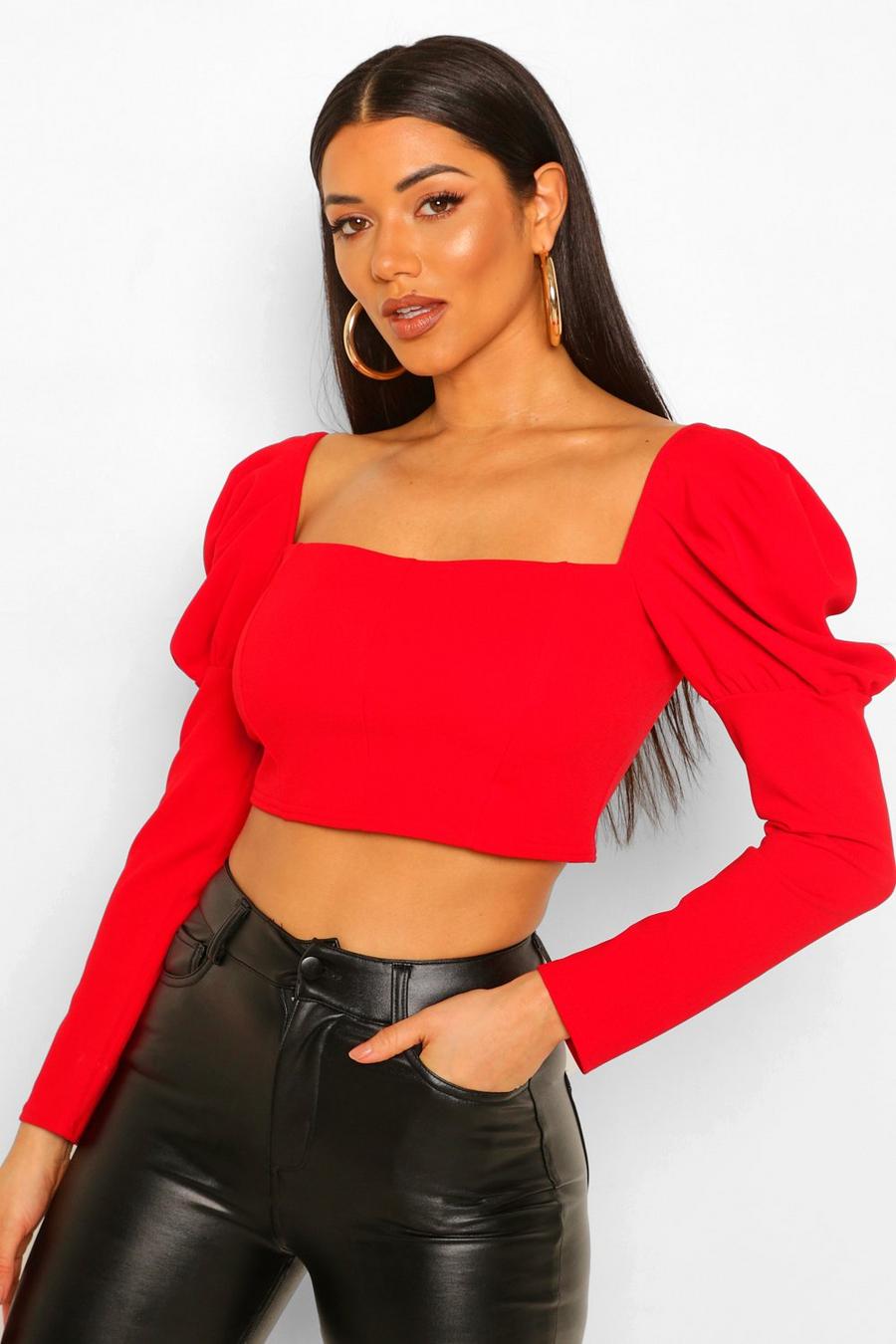 Red Crepe Square Neck Puff Sleeve Top image number 1