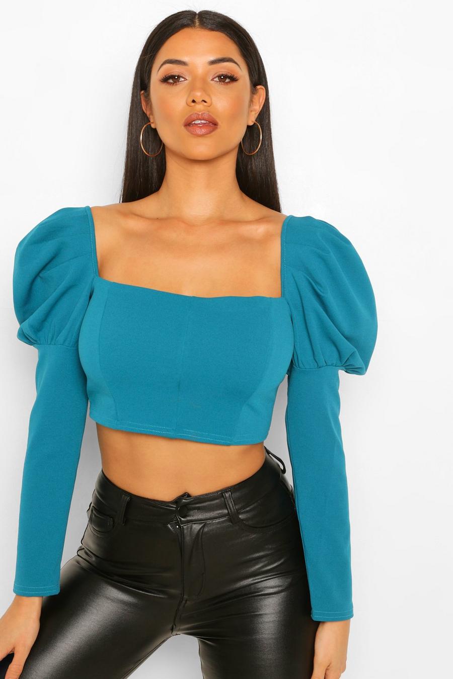Teal Crepe Square Neck Puff Sleeve Top image number 1
