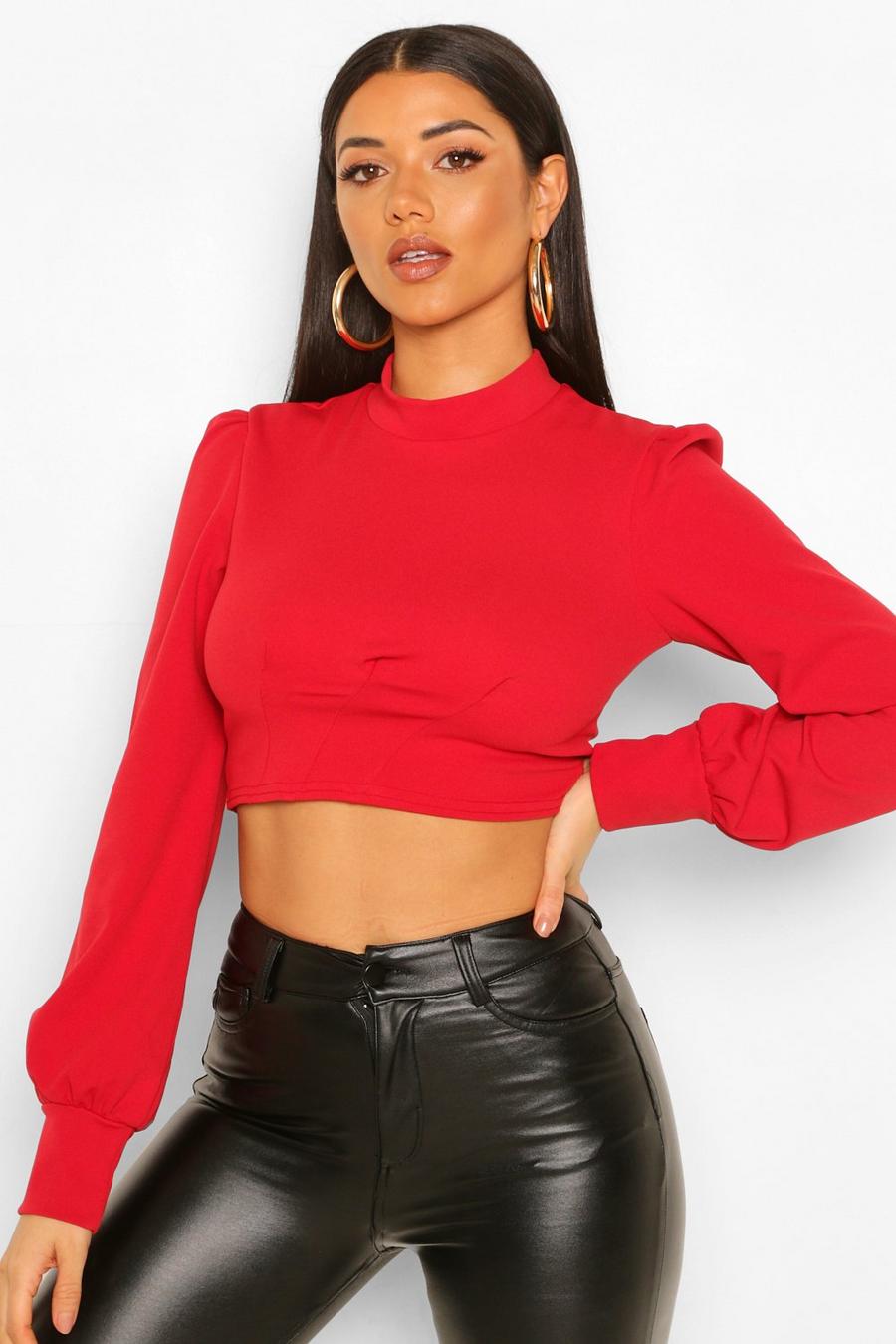 Raspberry High Neck Pleat Detail Crop Top image number 1