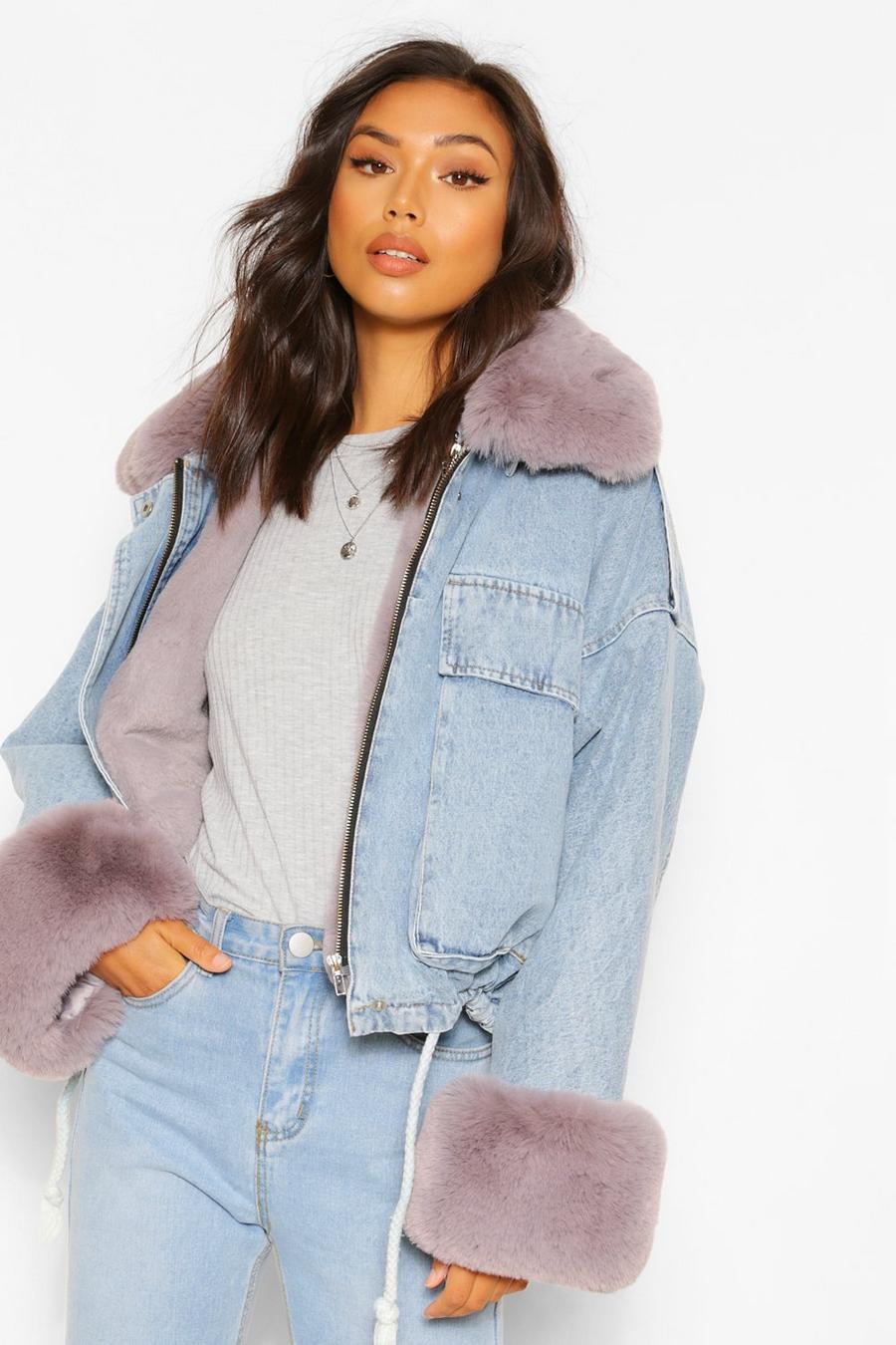Faux Fur Trim Oversized Denim Jacket | boohoo