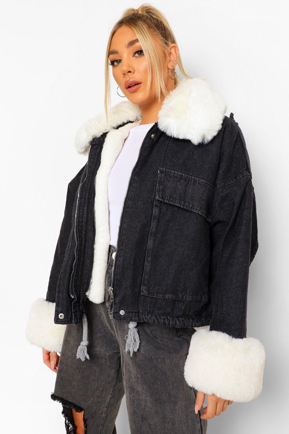 Faux Fur Trim Oversized Denim Jacket