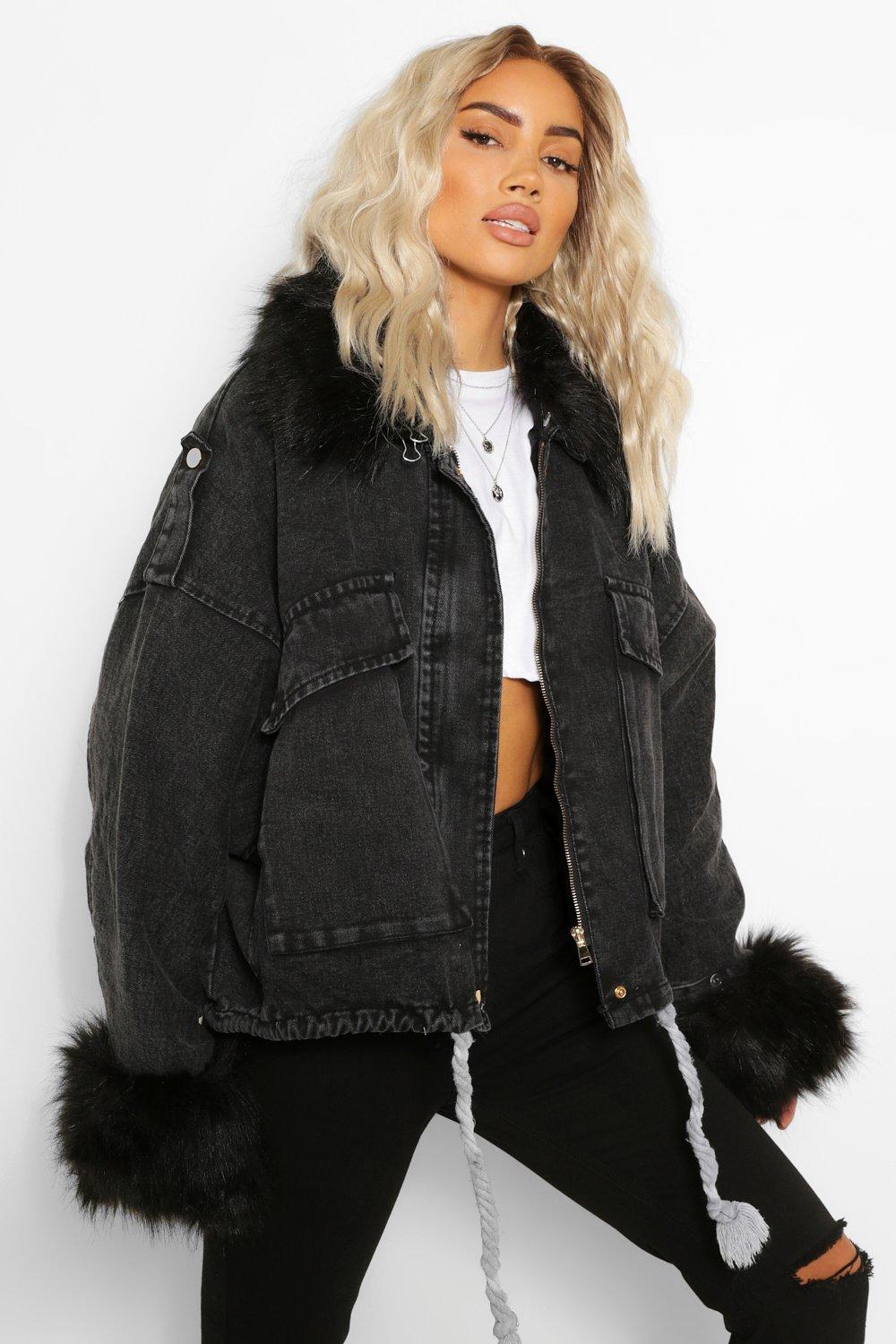Women's Faux Fur Trim Oversized Denim Jacket | Boohoo UK