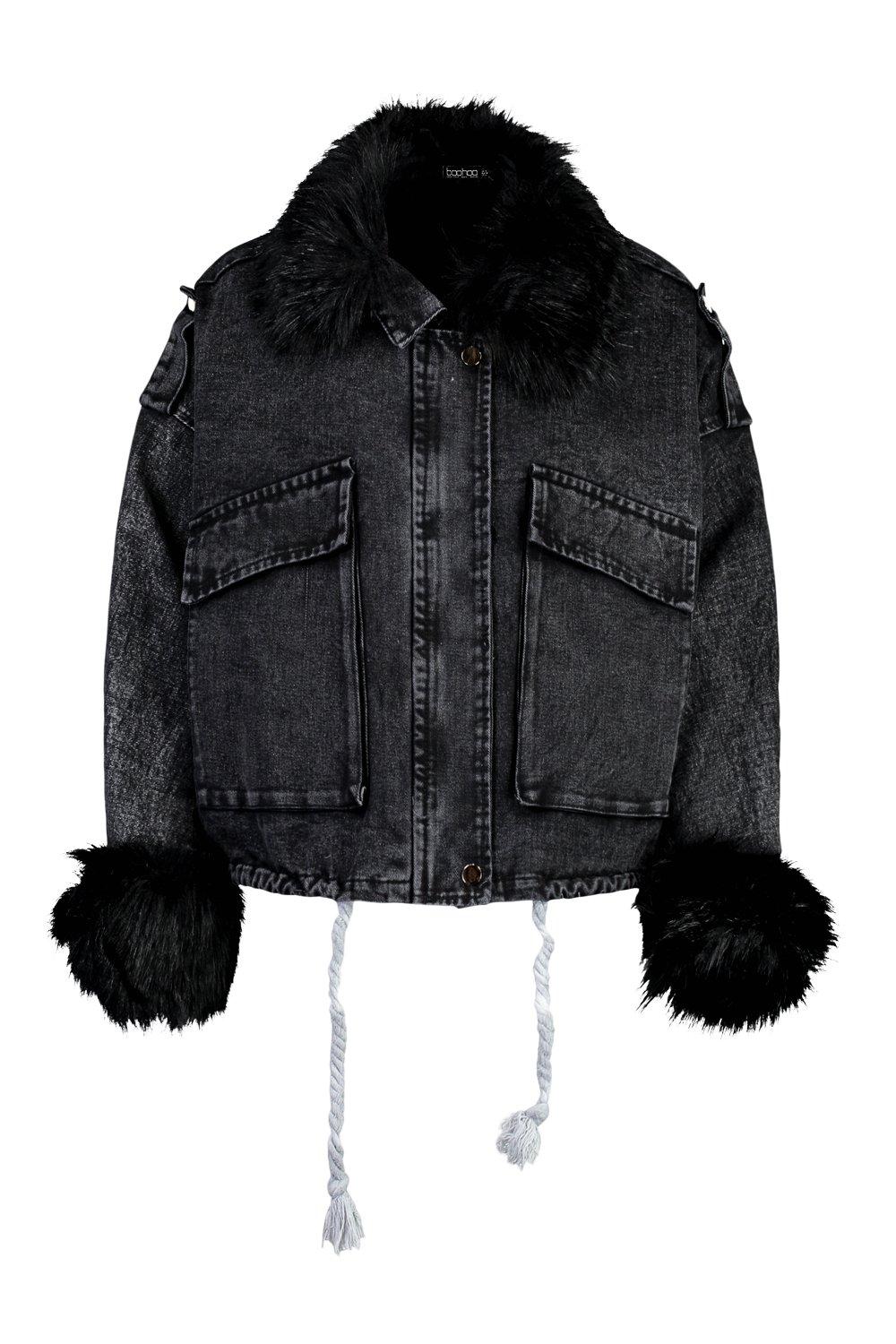 black oversized denim jacket with fur