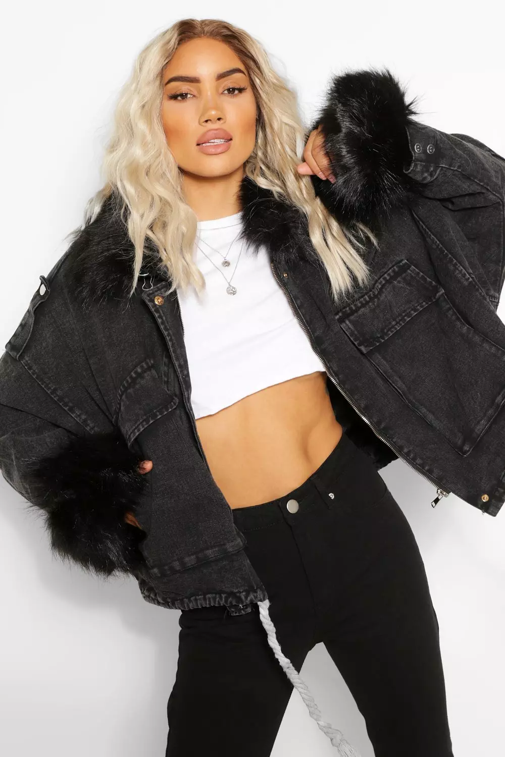 Black denim faux fur jacket sale