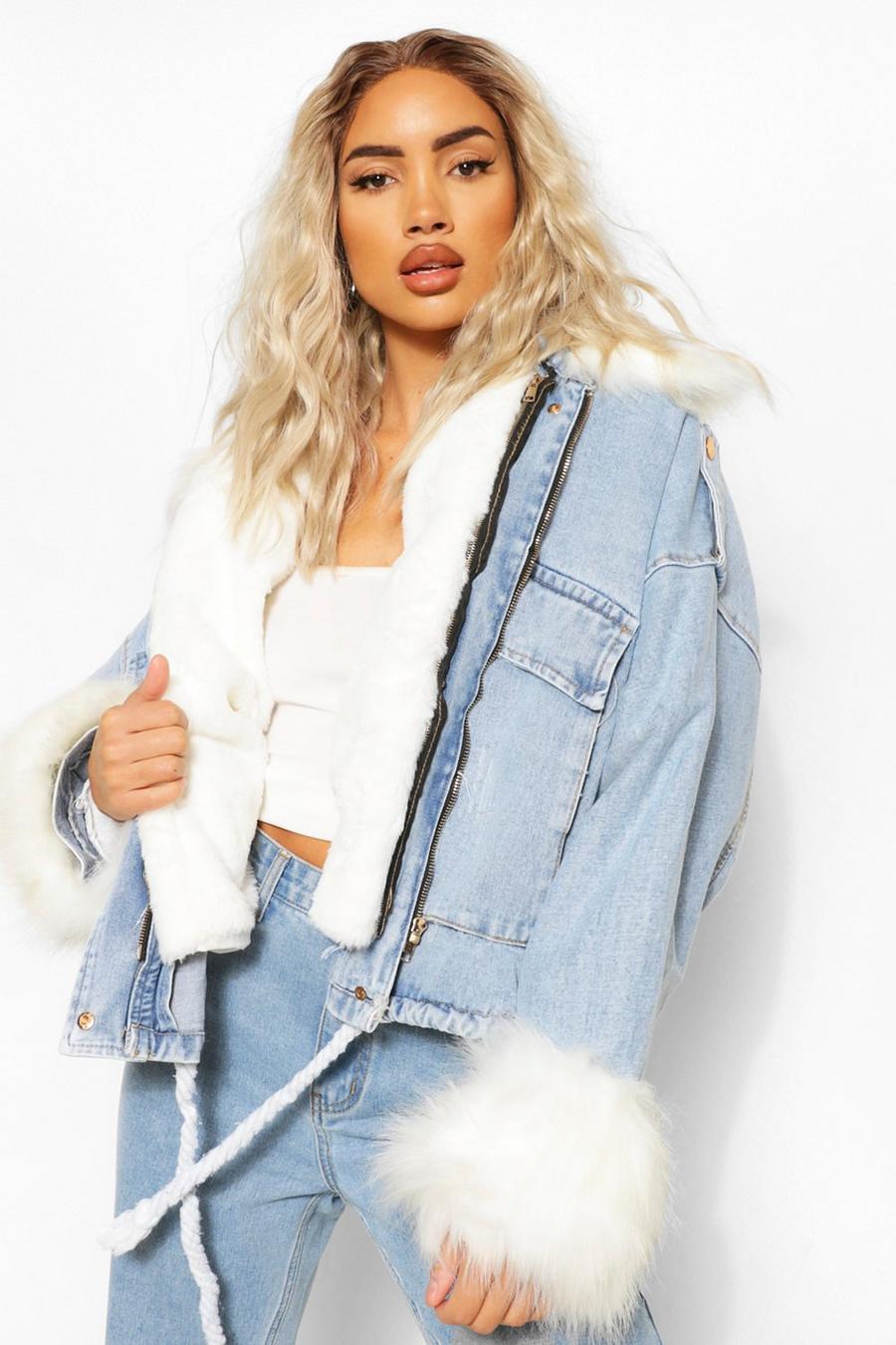 Light blue Faux Fur Trim Oversized Denim Jacket image number 1