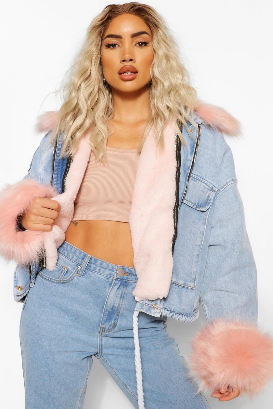 Pink Faux Fur Trim Oversized Denim Jacket image number 1