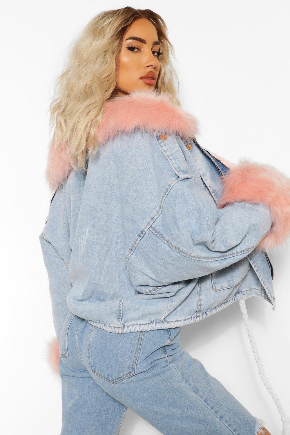 Faux Fur Trim Oversized Denim Jacket