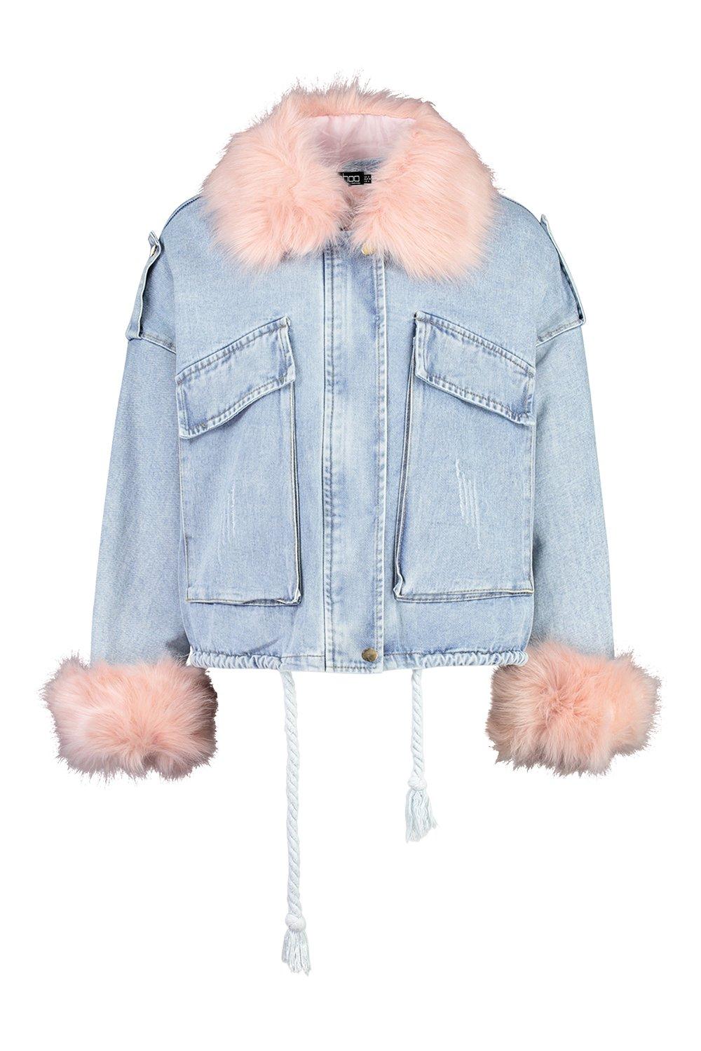 Pink fur lined denim cheap jacket